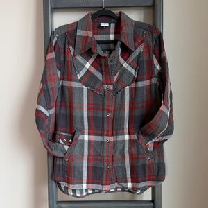 Cabi Tavern Shirt – Red & Grey Plaid Button-Up with Pockets – Size M
